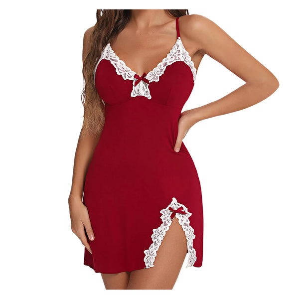 Dentelle | Lace Trim V-Neck Slip Dress – Satin Mini Chemise Nightgown
