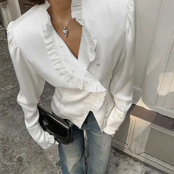 Ivory Crescendo | Ruffled Satin Blouse | Luke Parry Collective