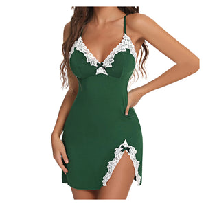 Dentelle | Lace Trim V-Neck Slip Dress – Satin Mini Chemise Nightgown