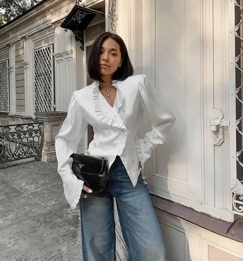 Ivory Crescendo | Ruffled Satin Blouse | Luke Parry Collective