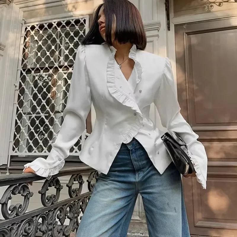 Ivory Crescendo | Ruffled Satin Blouse | Luke Parry Collective